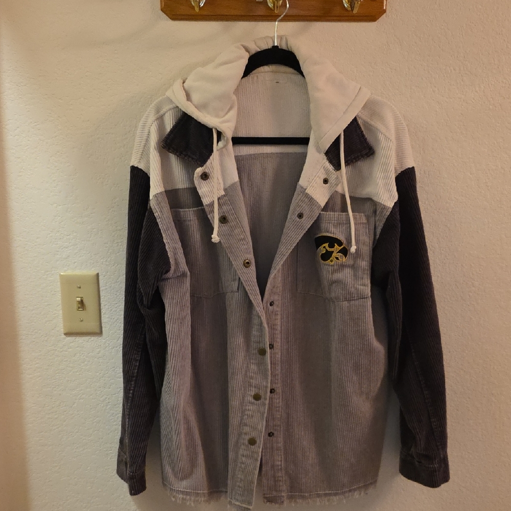 Gray and Black Hooded Corduroy Jacket